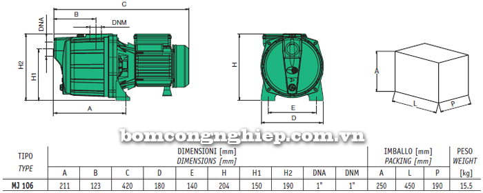 Máy bơm nước Sealand MJ 106M bảng thông số kích thước