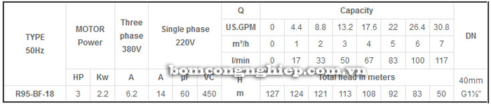 Bơm chìm giếng khoan Mastra R95-BF-18 bảng thông số kỹ thuật