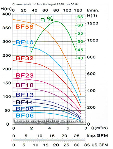 Bơm chìm giếng khoan Mastra R95-BF-18 biểu đồ lưu lượng