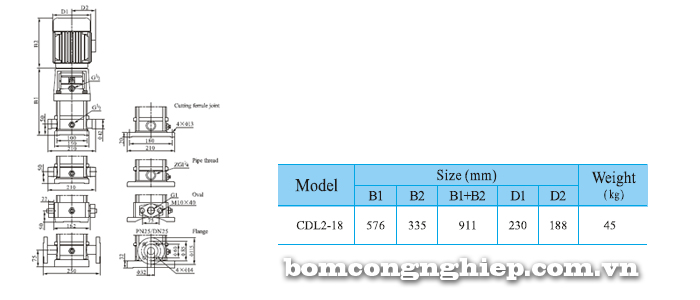 Máy bơm trục đứng CNP CDLF 2-18 bảng thông số kích thước
