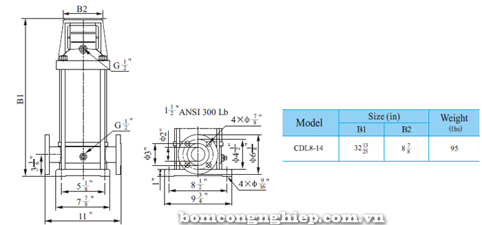 Máy bơm trục đứng CNP CDLF 8-14 bảng thông số kích thước