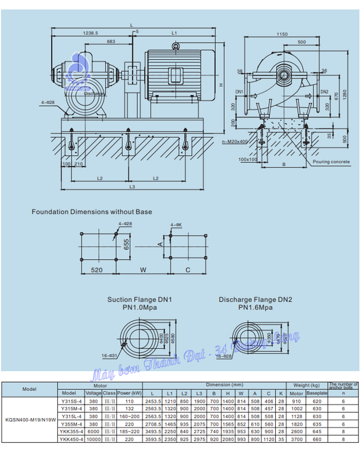Máy bơm hai cửa hút Kaiquan KQSN400-M19W/377 200kW