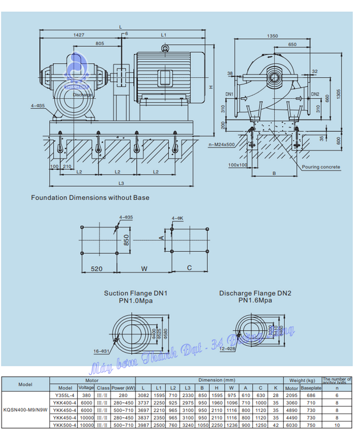 Máy bơm hai cửa hút Kaiquan KQSN400-M9W/486 450kW