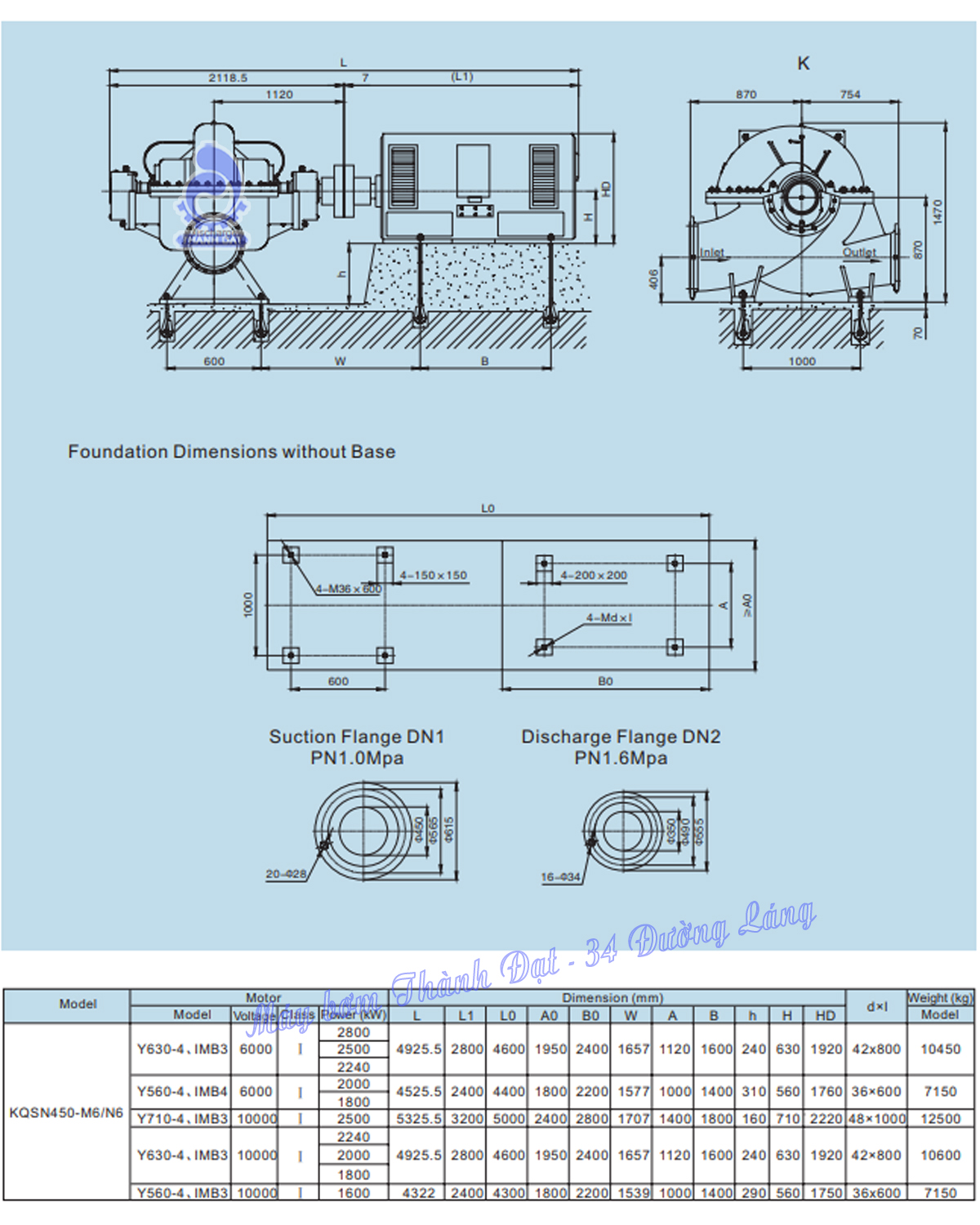 Máy bơm hai cửa hút Kaiquan KQSN450-N6/664 1800kW Máy bơm hai cửa hút Kaiquan KQSN450-N6/664 1800kW