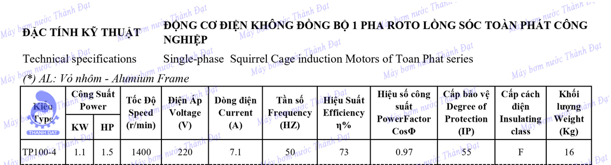 Động cơ điện Toàn Phát 1.1KW TP100-4 1 pha công nghiệp
