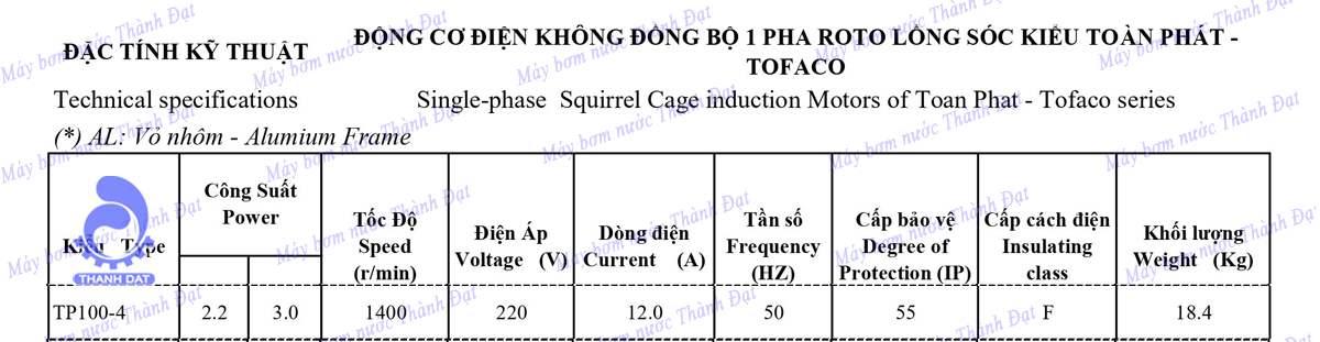 Động cơ 1 pha Toàn Phát Tofaco TP100-4 3HP 2.2KW