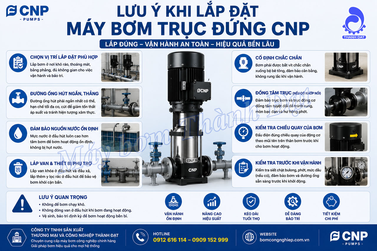 Lưu ý khi lắp đặt máy bơm trục đứng CNP