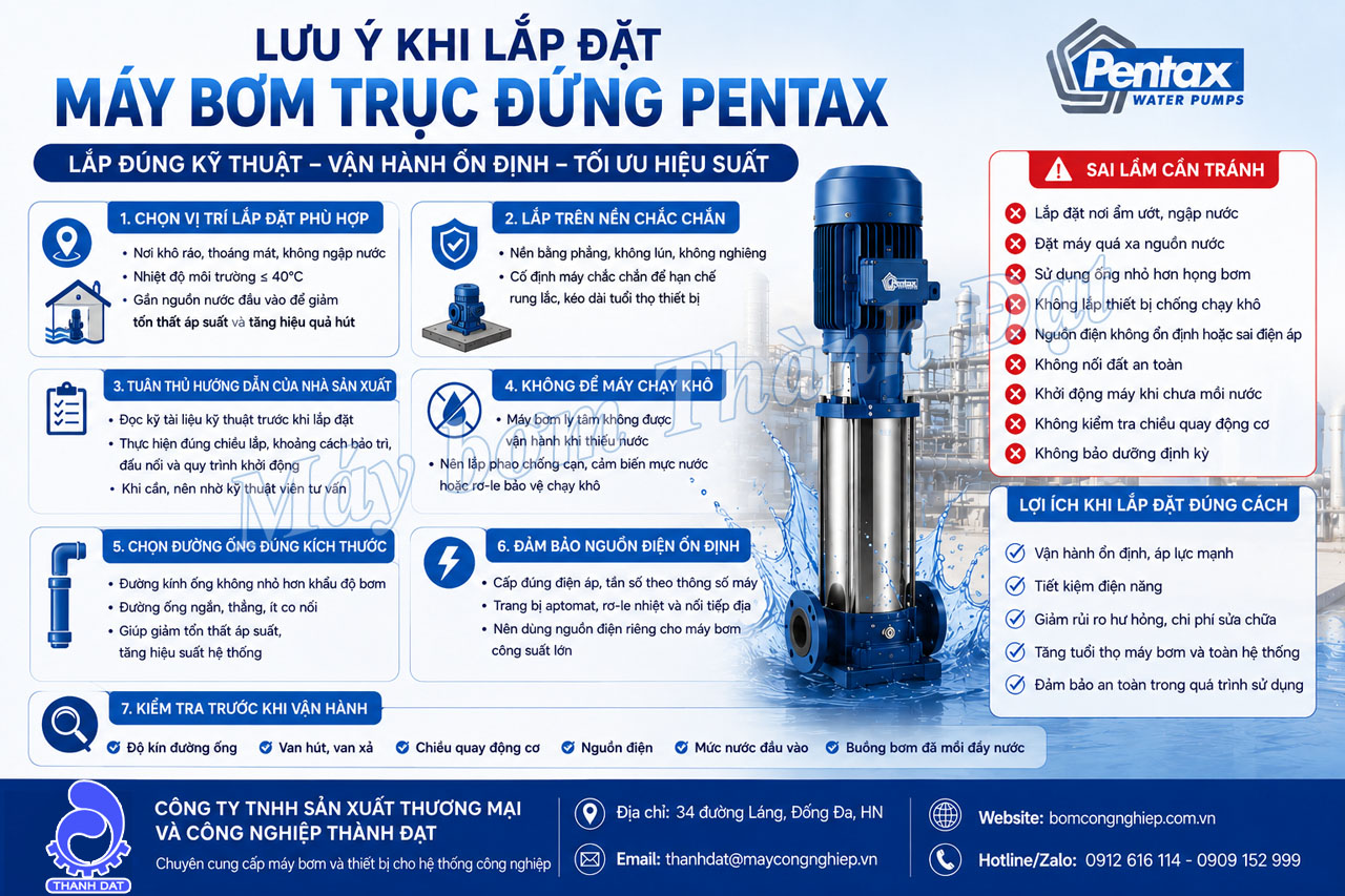 Lưu ý khi lắp đặt máy bơm trục đứng Pentax