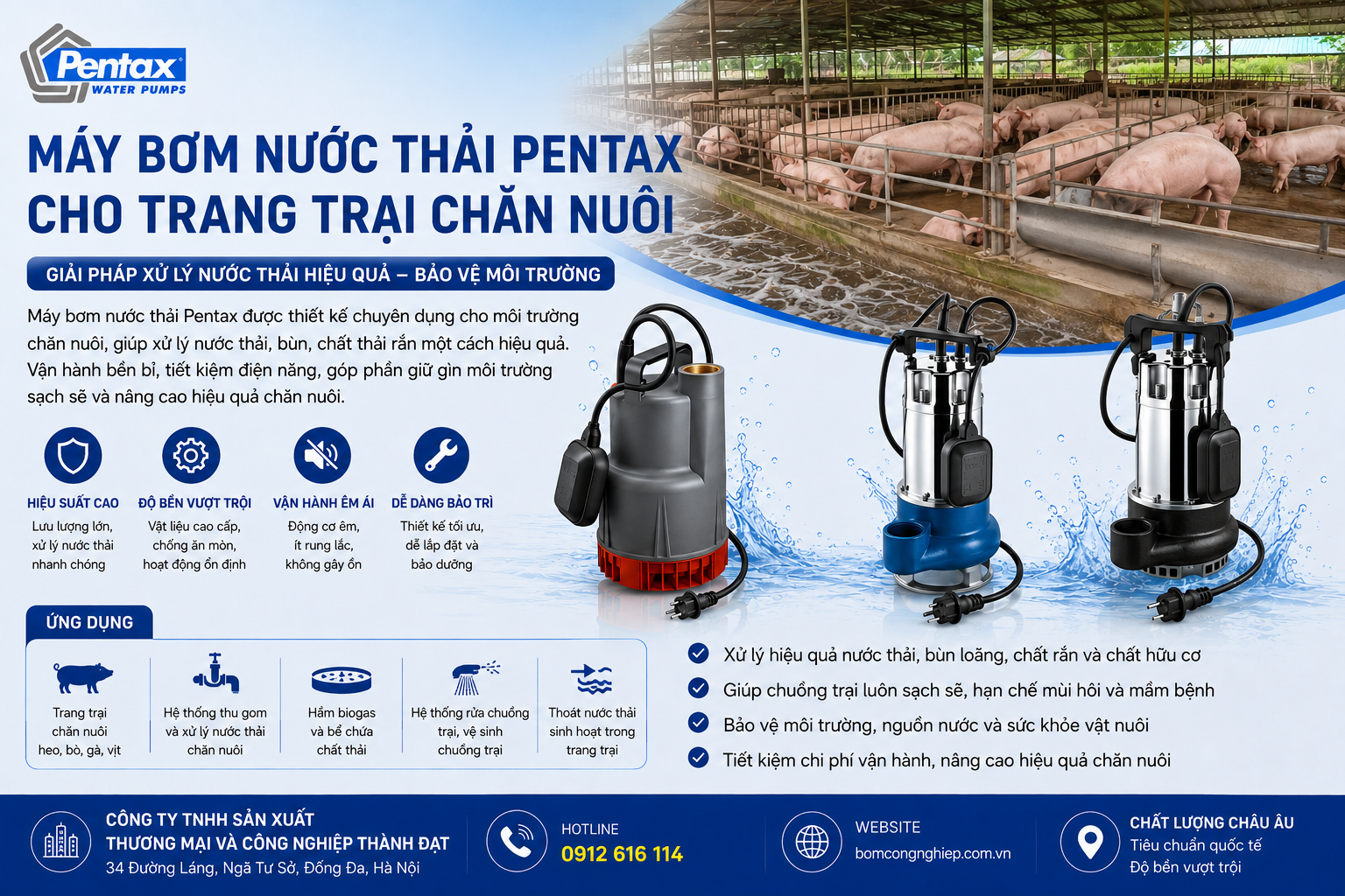 Máy bơm nước thải Pentax cho trang trại chăn nuôi